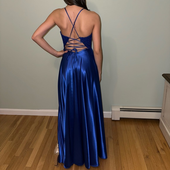 Royal Blue 00 Satin Prom Dress with Corset Tie - Picture 4 of 9